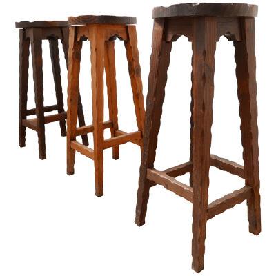 Set of Three Brutalist French Wooden Bar Stools