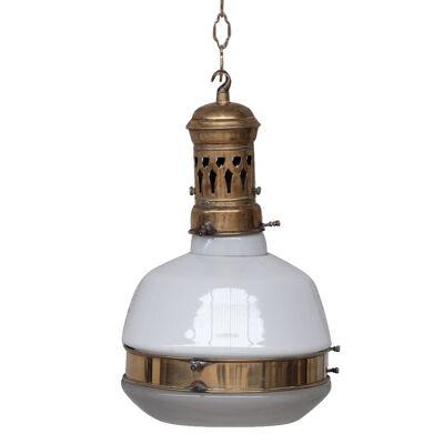 German Antique Two Tone Brass and Glass Pendant Light