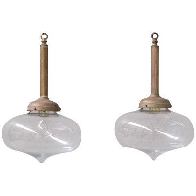 Pair of Clear Glass and Brass Mid-Century Teardrop Pendant Lights