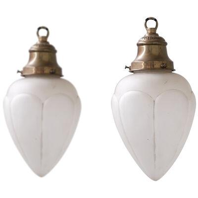 Pair of Opaque Glass and Brass French Opaline Pendants 