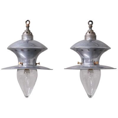 Pair of Mid-Century French Metal and Glass Pendants 