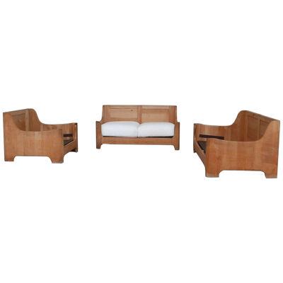 Oak Brutalist Mid-Century Sofa and Armchair Set