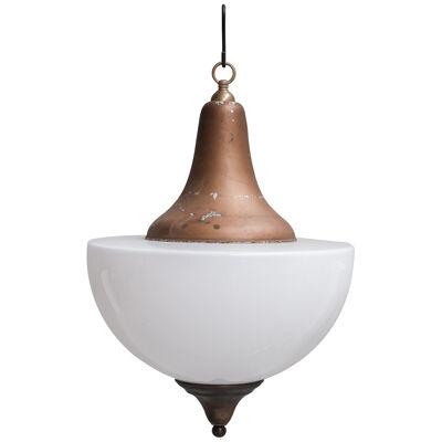Large Mid-Century Metal and Opaline Glass French Pendant Light