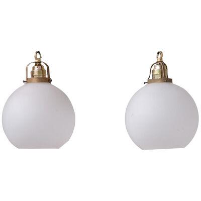 French Etched Mid-Century Glass Pendant Lights 