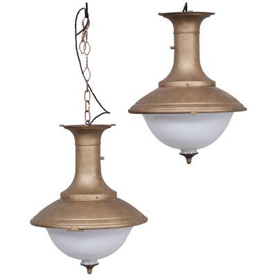 Pair of Brass and Opaline Large Pendant Lights