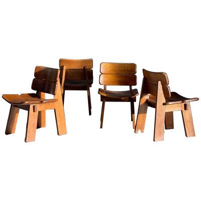 Set of Four Belgium Oak Brutalist Dining Chairs (4)