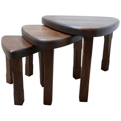 Trio of Oak Mid-Century Nesting Tables in manner of Pierre Chapo