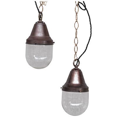 Pair of Petite Brass and Clear Glass Industrial Pendants