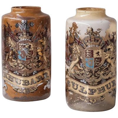 Pair of Antique English XL Glass Apothecary Pots