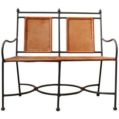 French Mid-Century Leather and Iron Bench