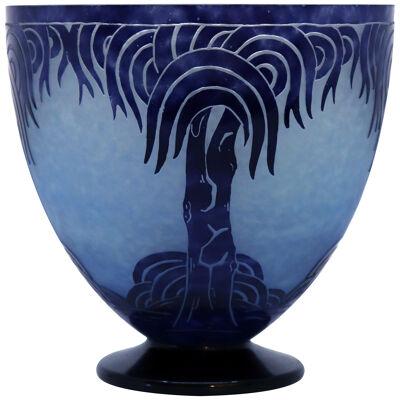 Art Deco Palmier Bleus Glass Vase by Le Verre Francais 