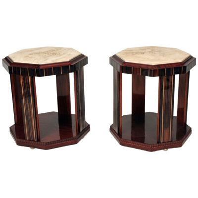 Mid-Century Pair of Hexagonal Side Tables in Makassar Wood and Travertine Top