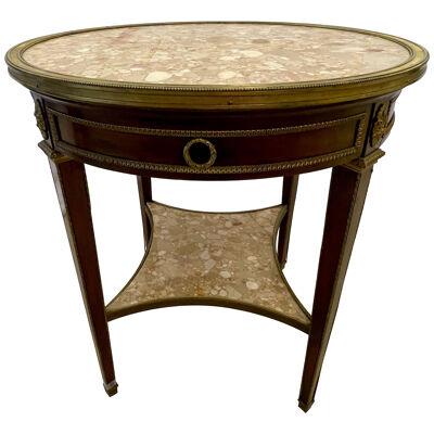 French Mahogany Louis XVI Style Marble Top Bouillotte Table, Bronze Mounted