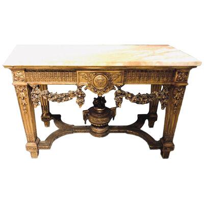 Louis XV Style Giltwood Marble-Top Console, Hall or Center Table
