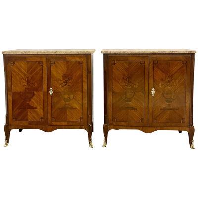 Pair of Louis XV Style Side Cabinets, Commodes, Chests, Kingwood Marquetry