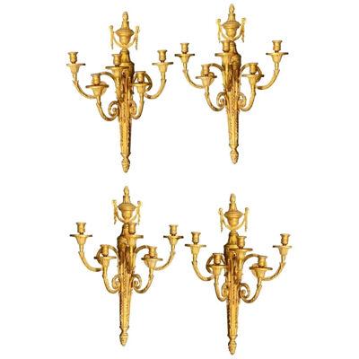 Pair Adams Style Five Arm Dore Bronze Wall Sconces, Tassel Decorated