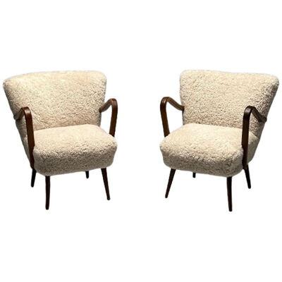 Pair Swedish Mid-Century Modern Sheepskin Arm / Lounge Chairs, Petite, Shearling