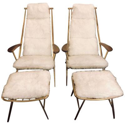 Pair of Hollywood Regency Style Shearling Lounge or Chaise Chairs and Ottomans	