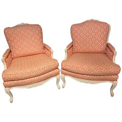 Pair of Louis XVI Painted Bergère or Lounge Chairs, Scalamandre Upholstery