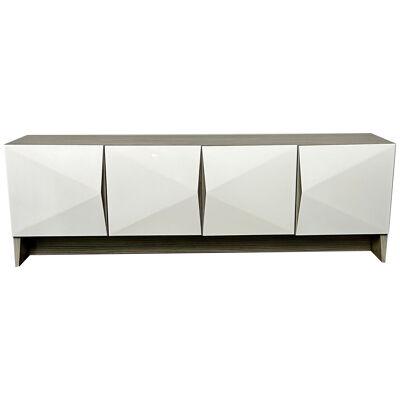 Modern Geometric Ceruse Oak Dresser, Sideboard, Cabinet, White Lacquered,