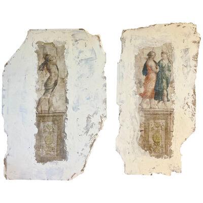 Pair of Hand Painted Architectural Roman Wall Fragments, Italian, Venetian Style
