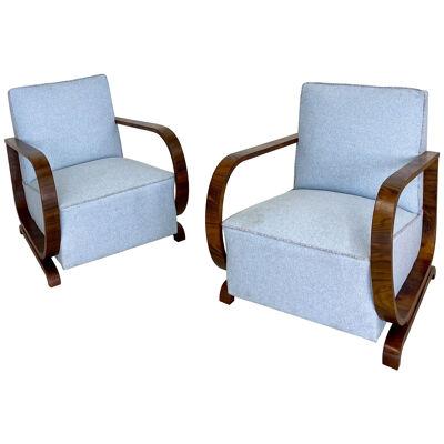 Pair of Art Deco Lounge / Arm Chairs, Walnut, Fabric, Mid-Century Style, Sweden