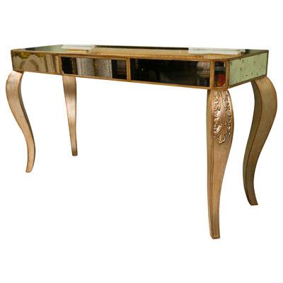Hollywood Regency Style Mirror Console Table With Gold Gilt Frame Single Drawer