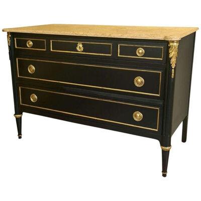 Hollywood Regency Maison Jansen Stamped Ebony Chest / Commode, Marble Top