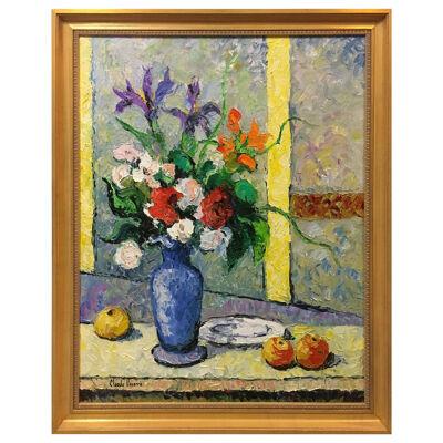 Hugues Claude Pissarro Oil on Canvas Painting Le Bouquet Au Vase Bleu