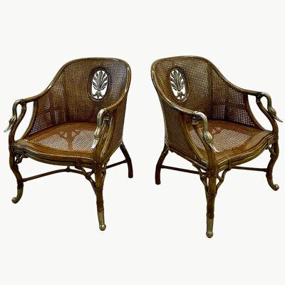 Pair of French Bergère Swan Arm, Lounge Chairs, Silver Metal, Cane, Tortoise