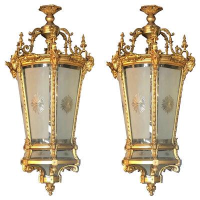 Pair of Louis XVI Style Monumental Dore Bronze Rams Head Etched Glass Lanterns