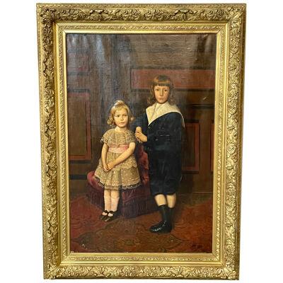 Palatial 19th Centur Oil on Canvas of a Portrait of Siblings Signed J. Peellaert