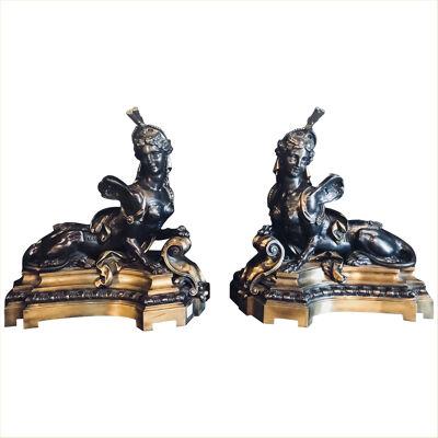 Pair of 19th Century Louis XVI Palatial Figural Fireplace Chenets / Andirons