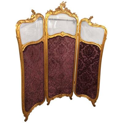 19th Century Louis XV, Giltwood Three Fold Screen with Original Glass Panels