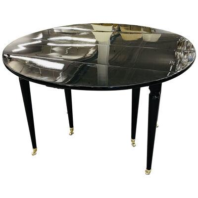 Black Lacquered Circular Dining Table, Three Leaves, Drop Side, Maison Jansen