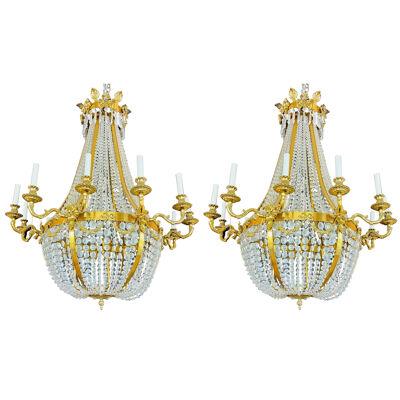Pair of Louis XVI Style Ballroom Chandelier, Bronze and Crystal, Monumental