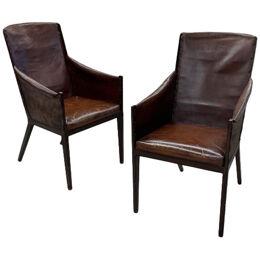 Jean-Michel Frank Style, Mid-Century Modern, Arm Chairs, Distressed Leather