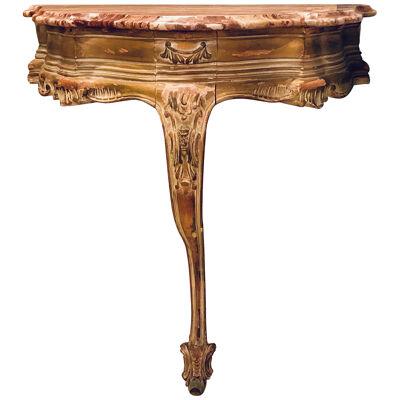 French Louis XV Style Distressed Antique Demi Lune Console, Rouge Marble Top