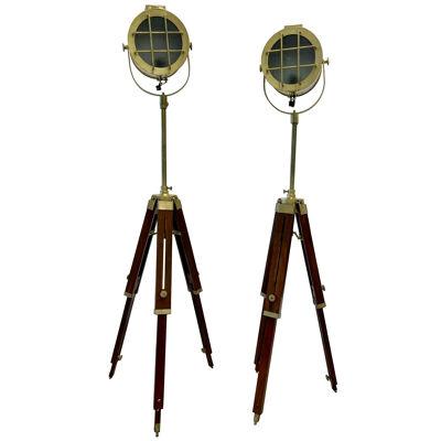Pair of Industrial Style Search Lights, Mahogany Tri-Pod Base