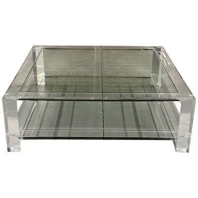 Square Acrylic and Glass Coffee Cocktail Table, Modern Two-Tier, Interlude Home