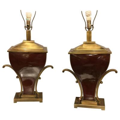 Pair of Art Deco Style Brass Mounted Porcelain Table Lamps