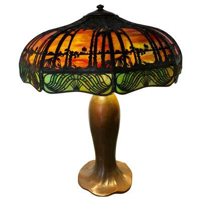 Arts & Crafts Handel Palm Tree Table Lamp Signed on Base and Shade