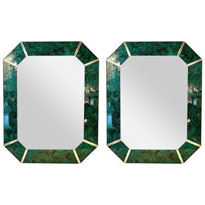Hollywood Regency Octagonal Wall Mirrors Antiqued Malachite Style