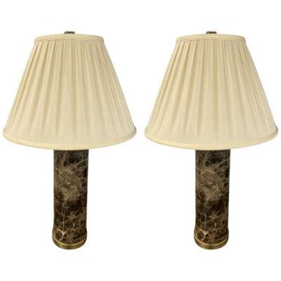 Pair of Modern Solid Marble Cylindrical Table Lamps, Brass Base, Single Bulb