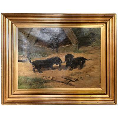 Oil on Canvas "Dachshund Puppies at Play" by Simon Ludvig Ditlev Simonsen
