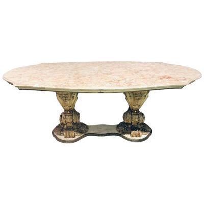 Palatial Italian Carved and Painted Base Marble Top Center or Dining Table