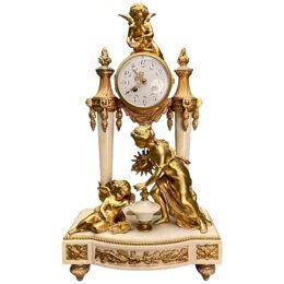 Louis XVI Style, Clock Garniture, Gilt Bronze, Marble, France, 1920s