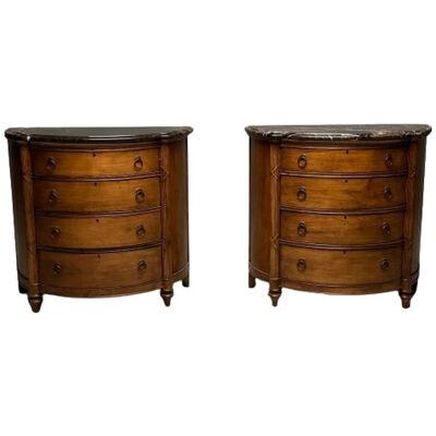 Pair of Regency Style Demilune Commodes / Cabinet, Marble Top, Walnut