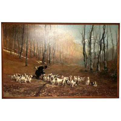 Monumental Oil Canvas, Georges Henri Fauvel, Hunting Dogs with Master, 19th Cent