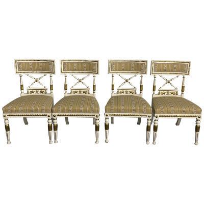 Set of 4 Neoclassical Gustavian Style Chairs, Parcel Gilt and Painted, Sphinx